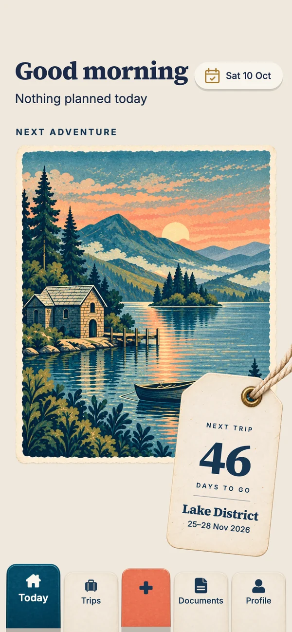 Travary between trips: a Lake District postcard with a luggage tag reading 46 days to go