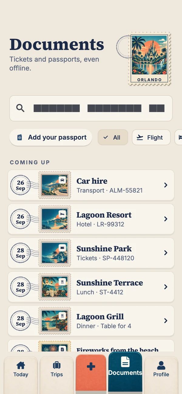 Travary's Documents tab: an Orlando stamp, a search box, and every booking from a hire car to dinner as a postage stamp row