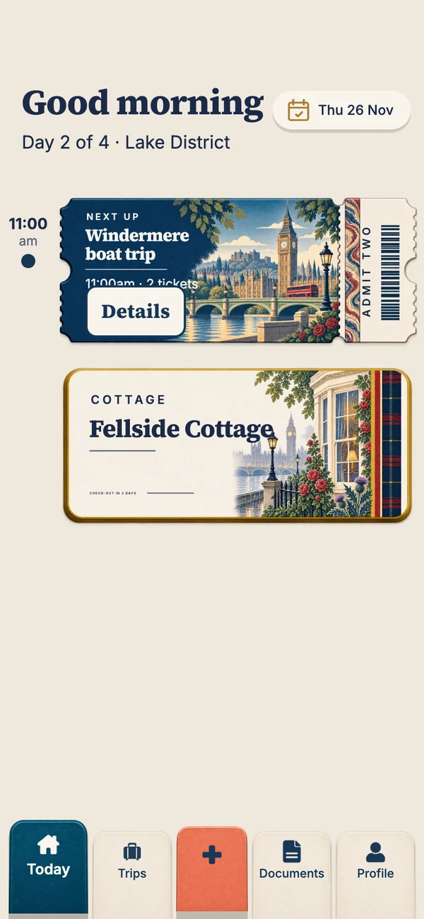 Travary's Today screen on day 2 of a Lake District trip: a boat trip next up and the cottage's key card