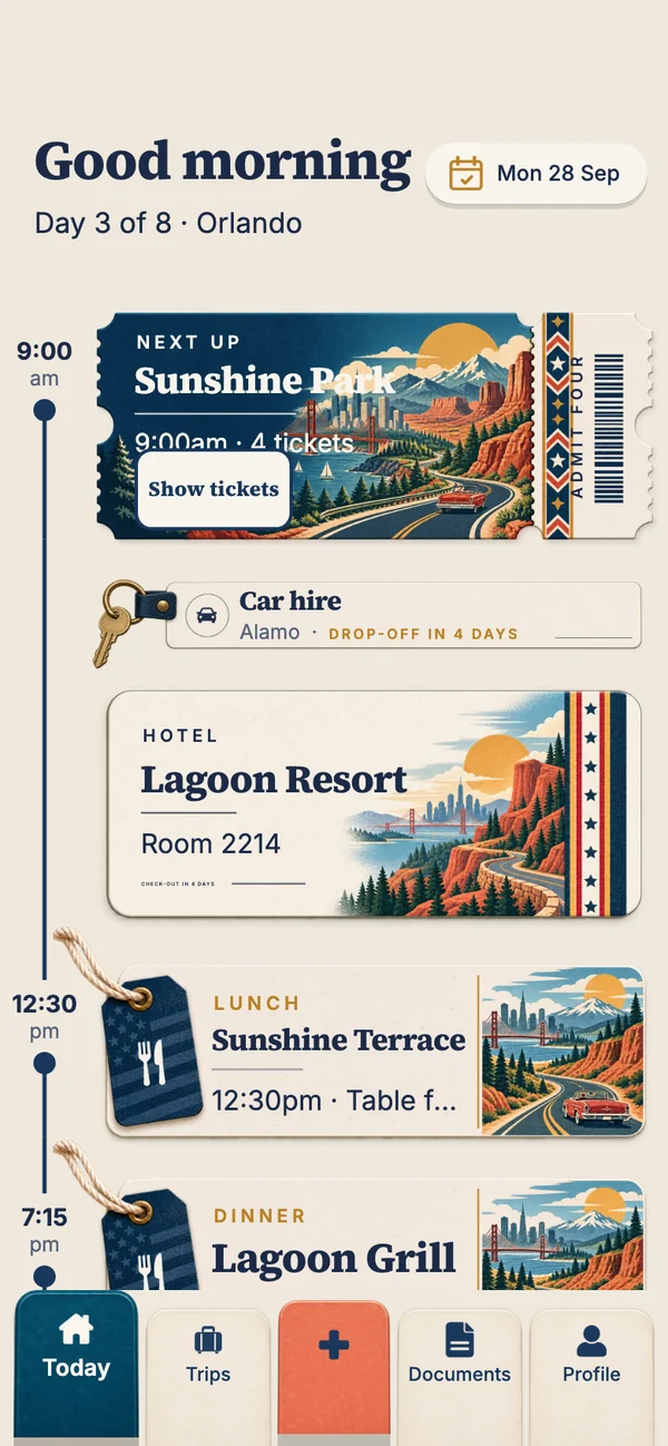 Travary's Today screen on day 3 of an Orlando holiday: a theme park ticket next up, the hotel key card, lunch and dinner on a time rail